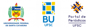 Da esquerda para a direta: logotipo da UFSC, da Bbiblioteca Universitária e do Portal de Periódicos UFSC